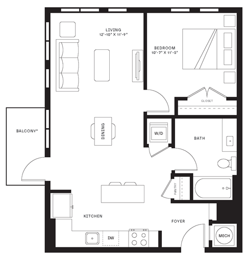 Floor plan for 1 bed, 1 bath, 758 sqft